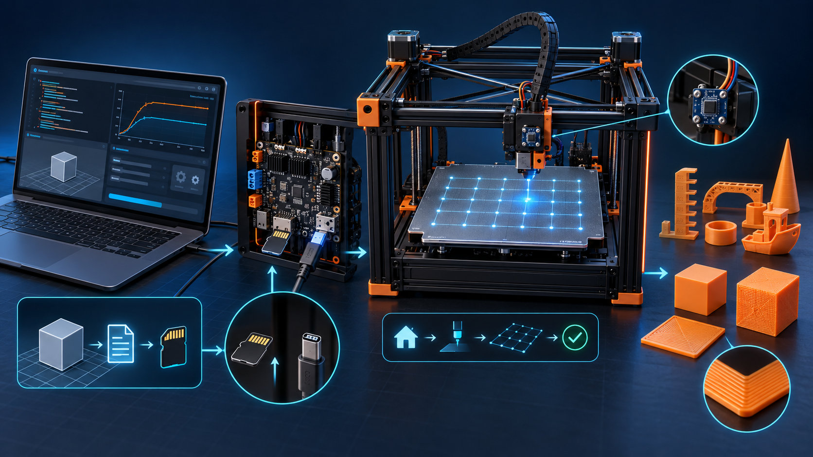 3D yazıcı firmware kurulumu, prob ayarı, kalibrasyon ve ilk baskı süreci